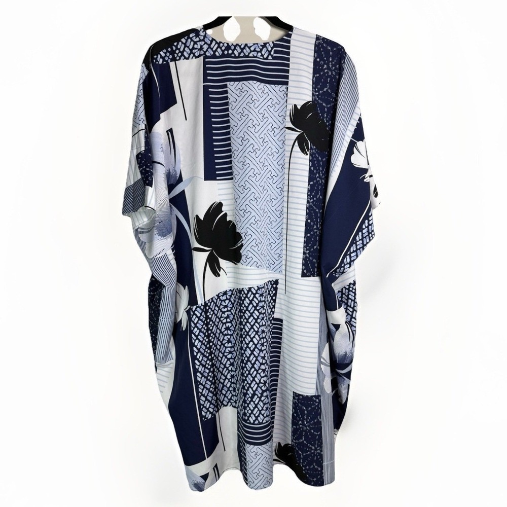 Natori Women Navy White Patchwork Floral Geometric Caftan Maxi Dress XS Pockets - Picture 5 of 7